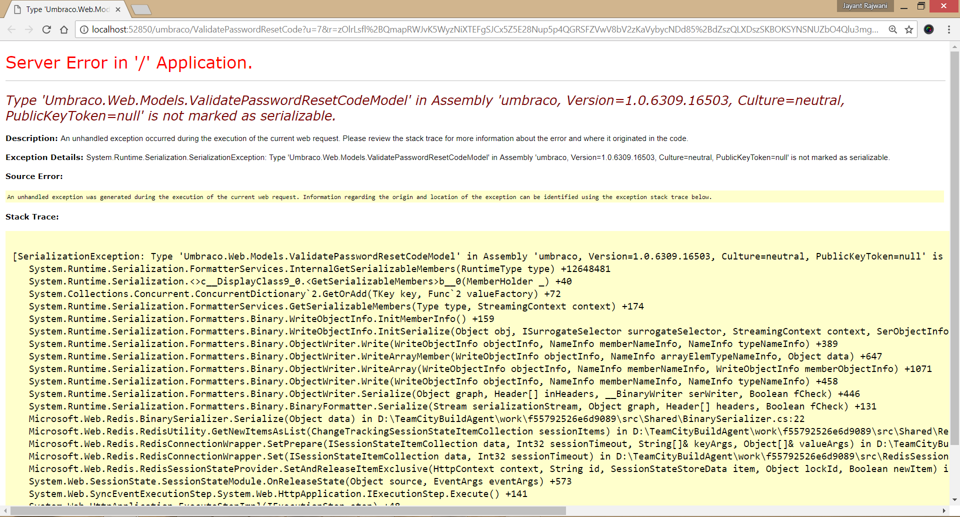 Screenshot of error