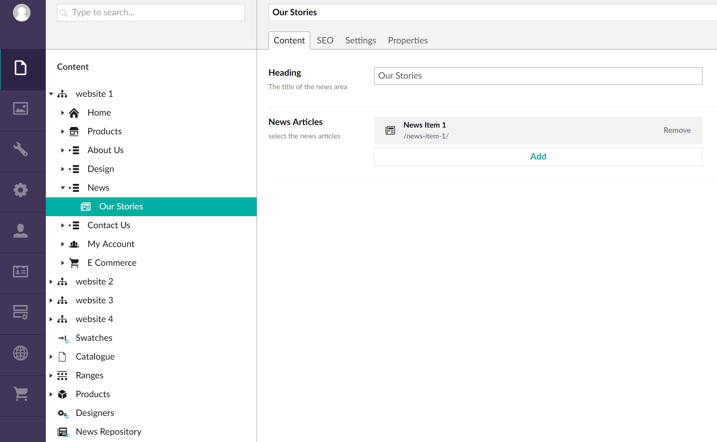 Shows the website multi content picker - picking a news item