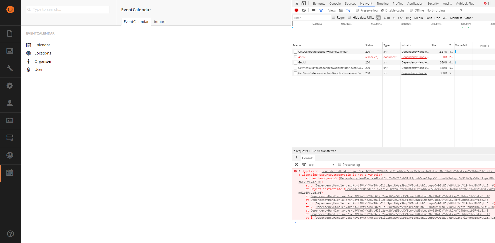 Dashboard empty with error message in DevTools