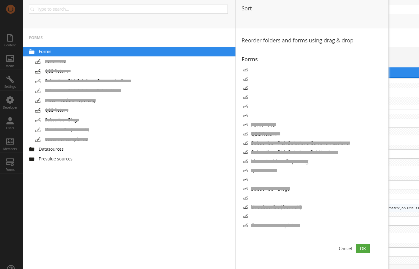 Screenshot of forms tabs