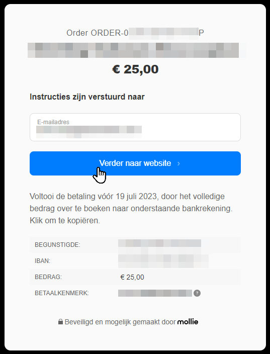 Screen after choosing SEPA banktransfer as payment method