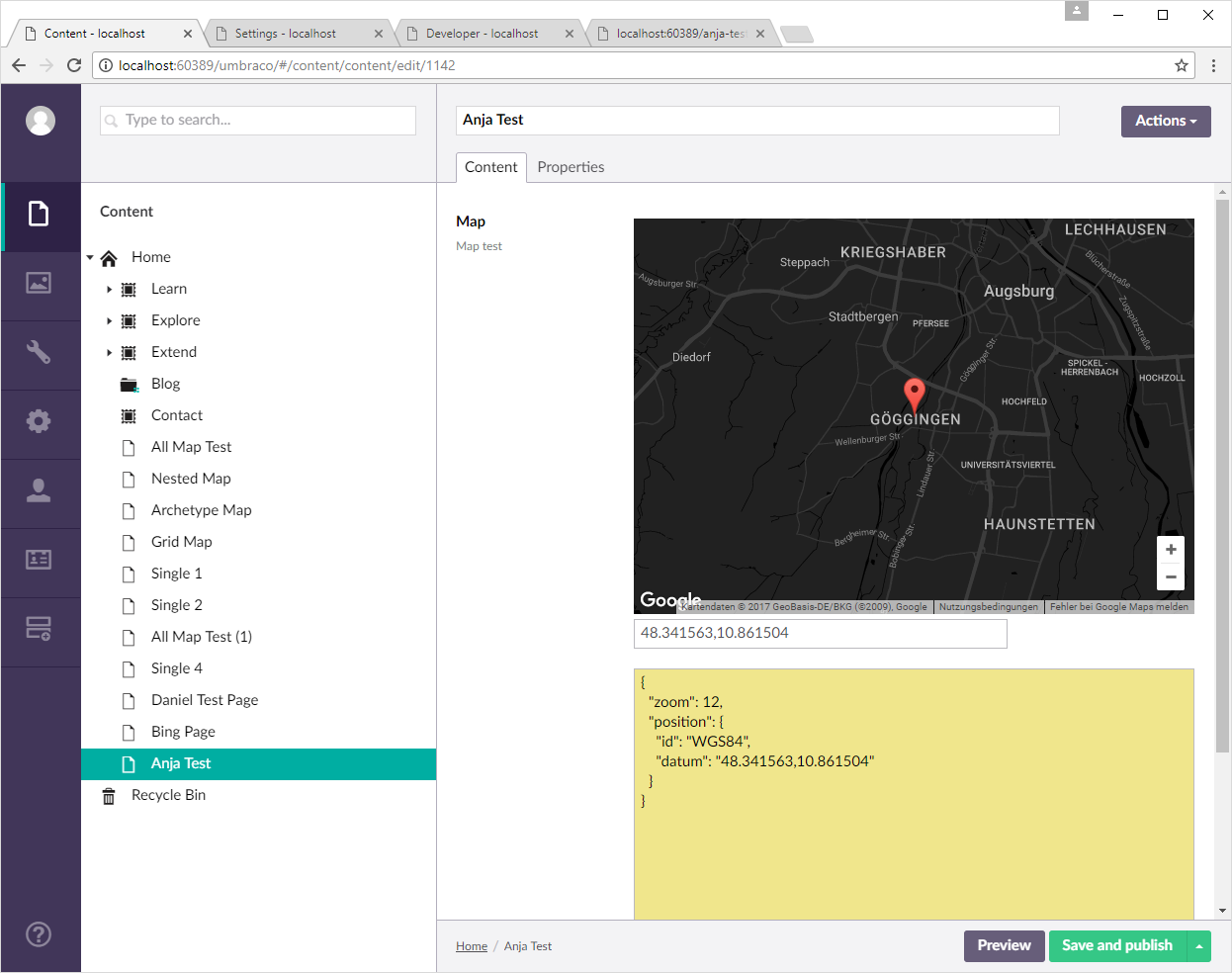Creating one content node, leaving map at default location