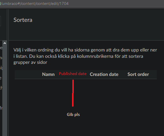 An image of the page tree and it's sorting functionality if the subpages