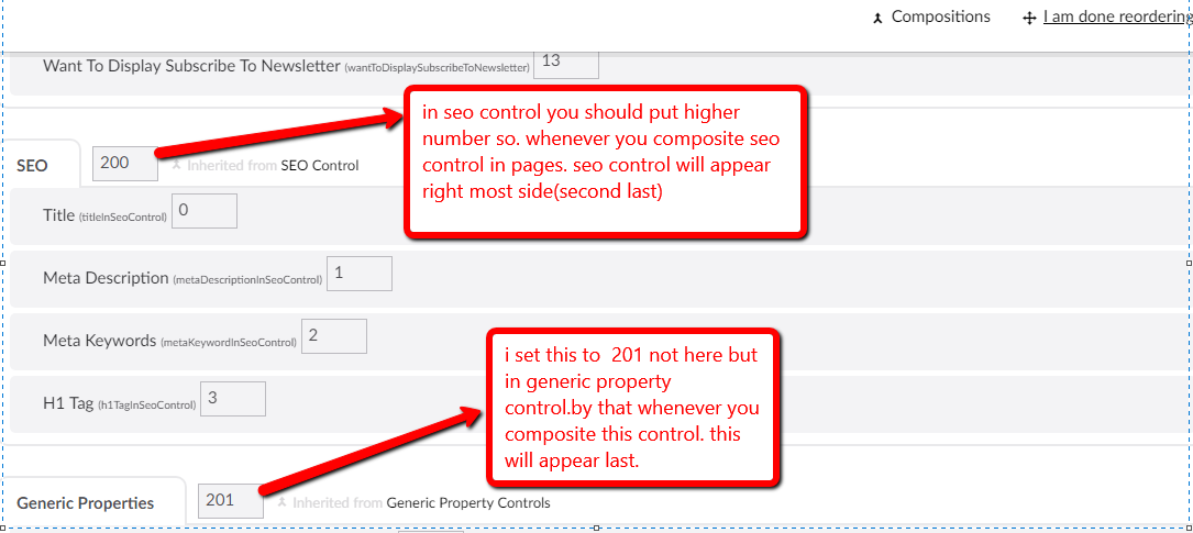 you can not ordering in child page.you should reorder in control which you will going to composite
