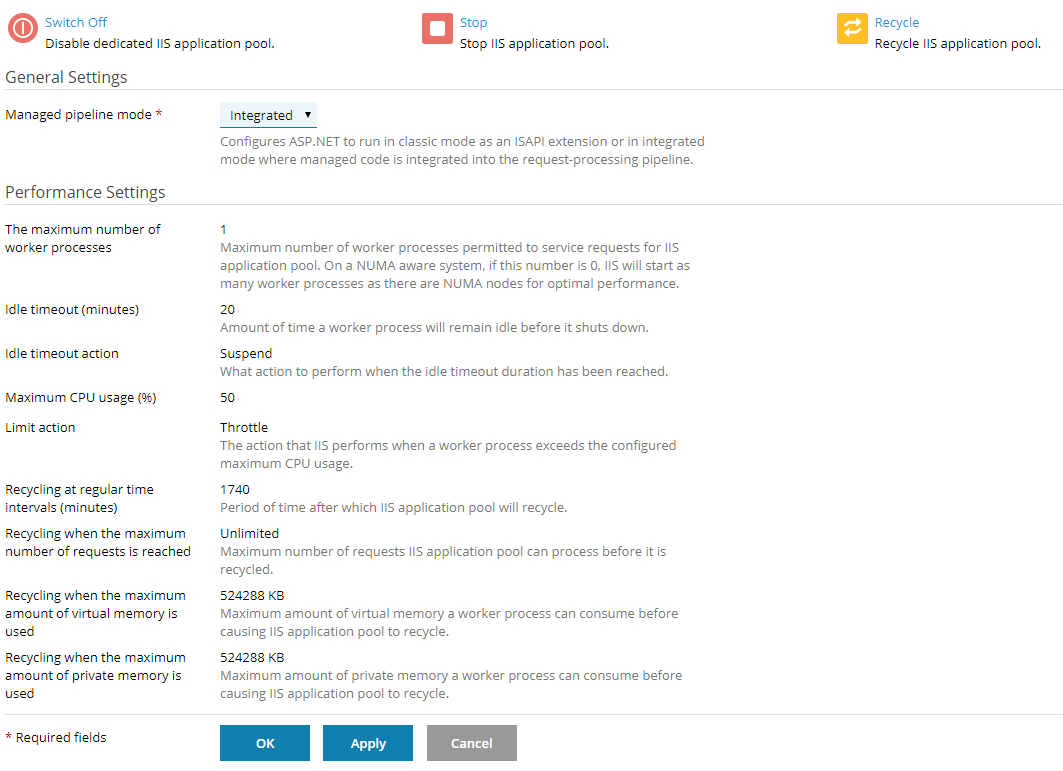 Screenshot of IIS Application Pool