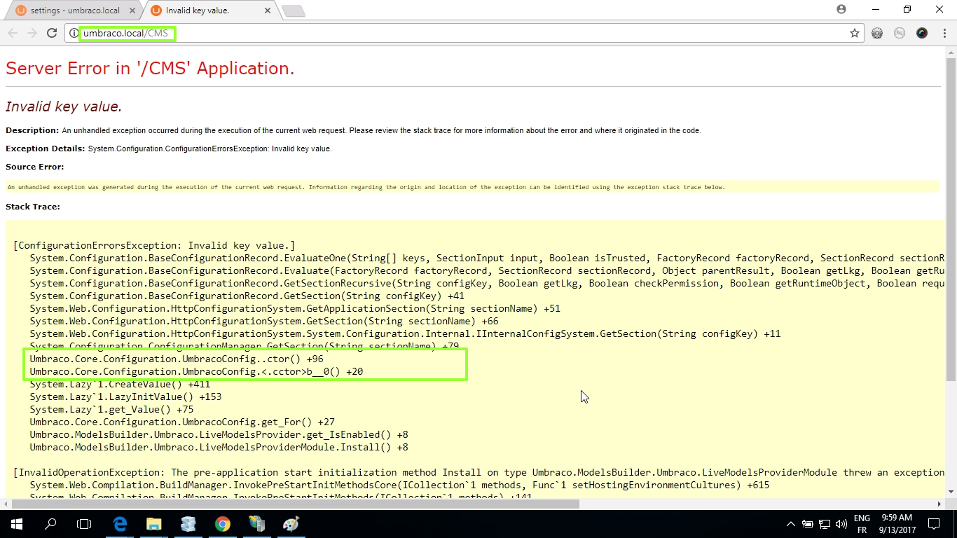 Umbraco Child App Invalid key value error