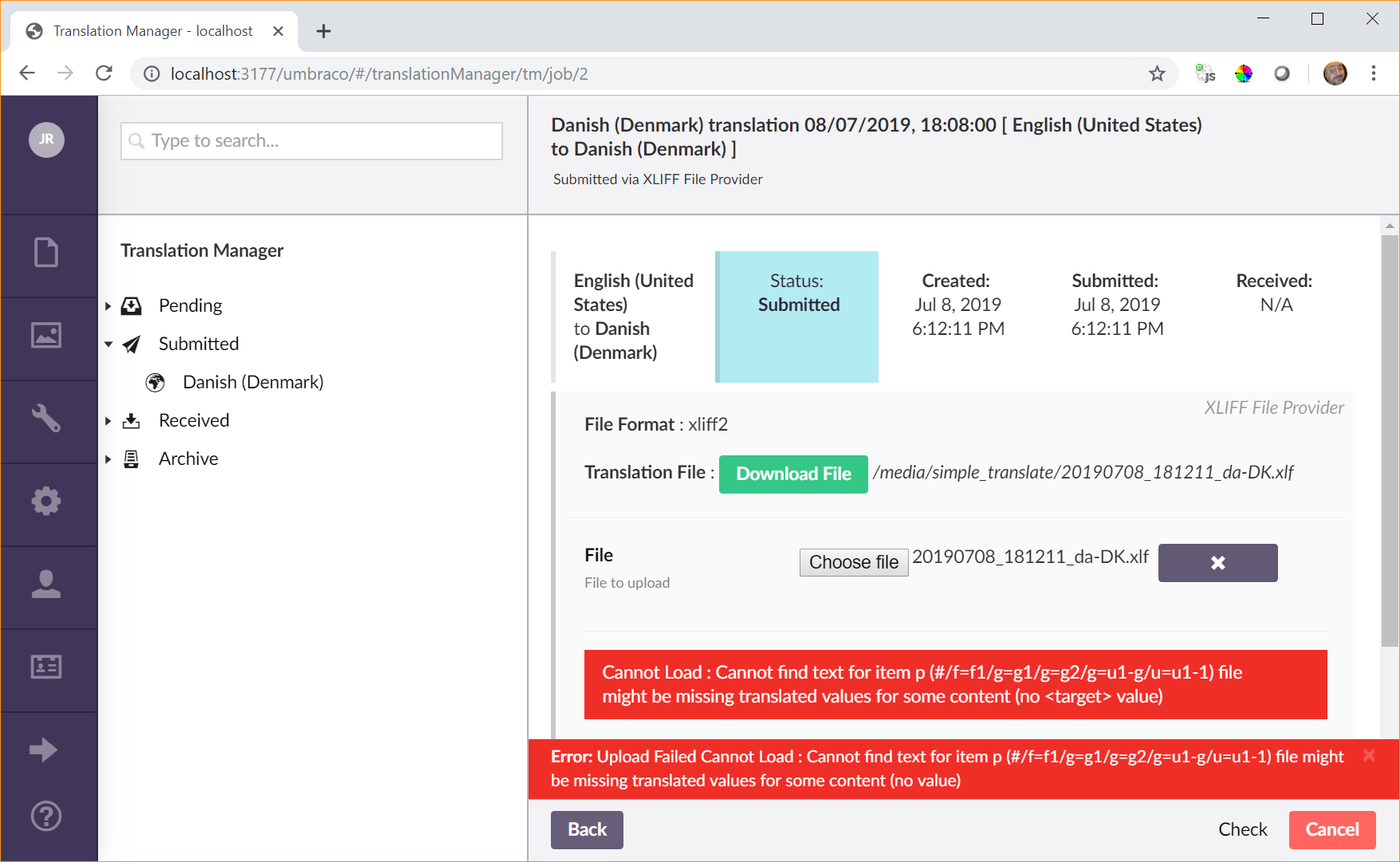 Screenshot showing error that I always receive