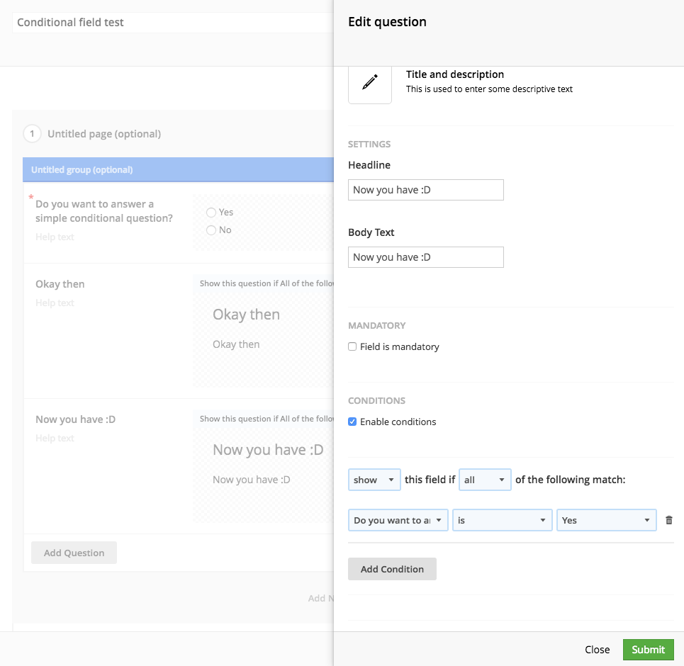 Conditional configuration for second conditional field