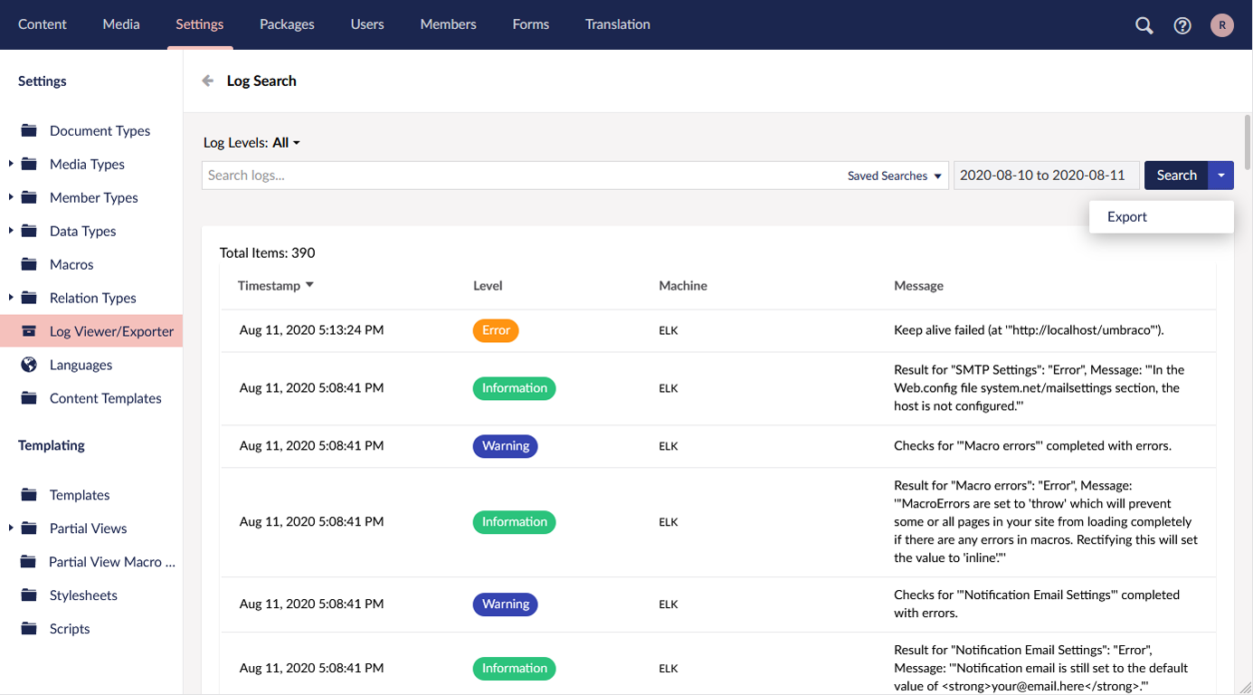 UmbLogExporter Search View
