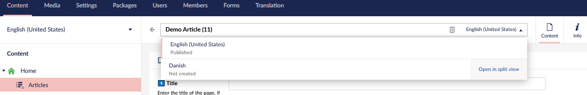 Content page showing language options of current page