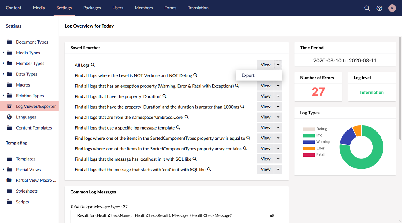 UmbLogExporter Default View