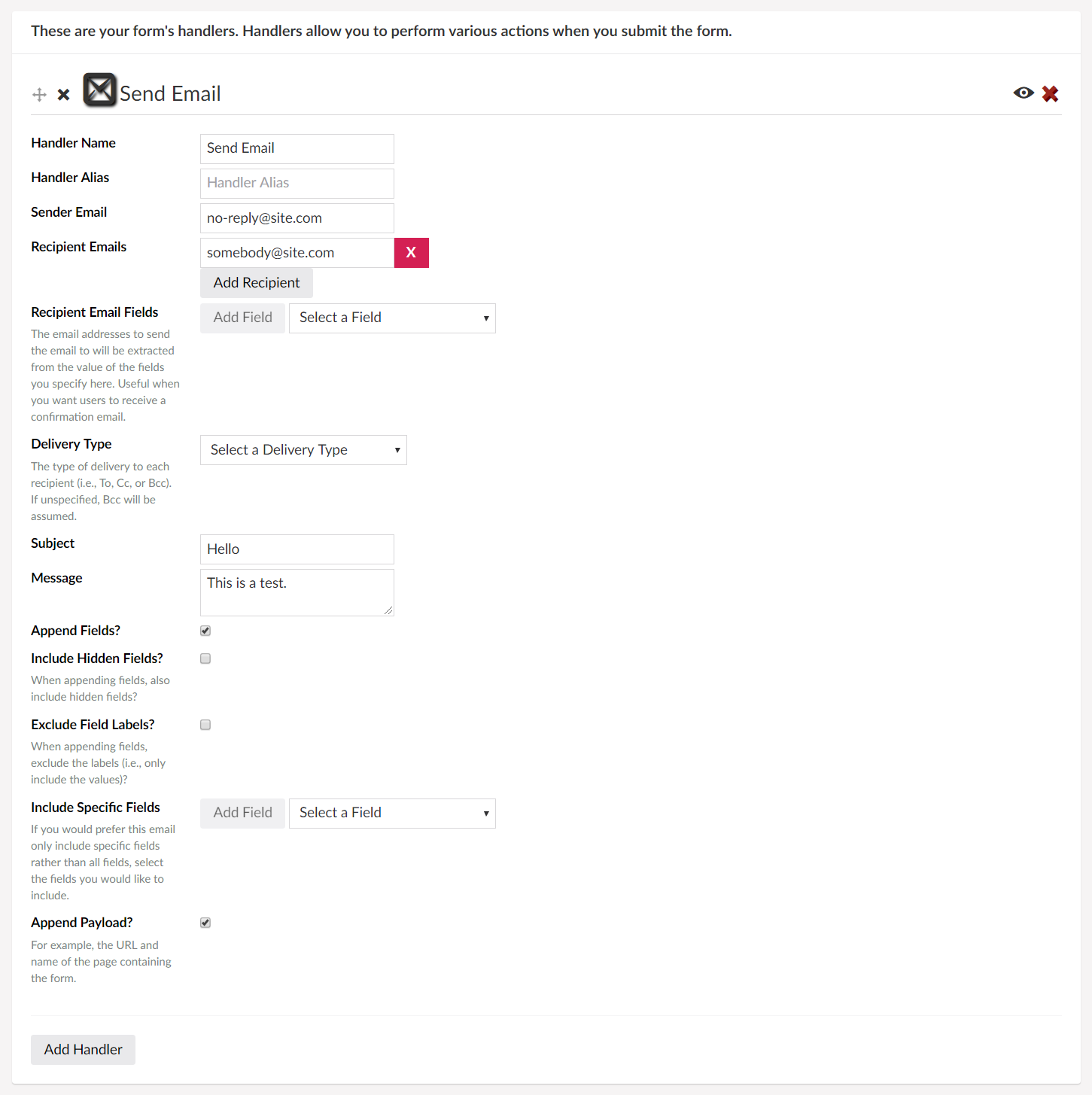 Screenshot of the email handler I've configured in Formulate.