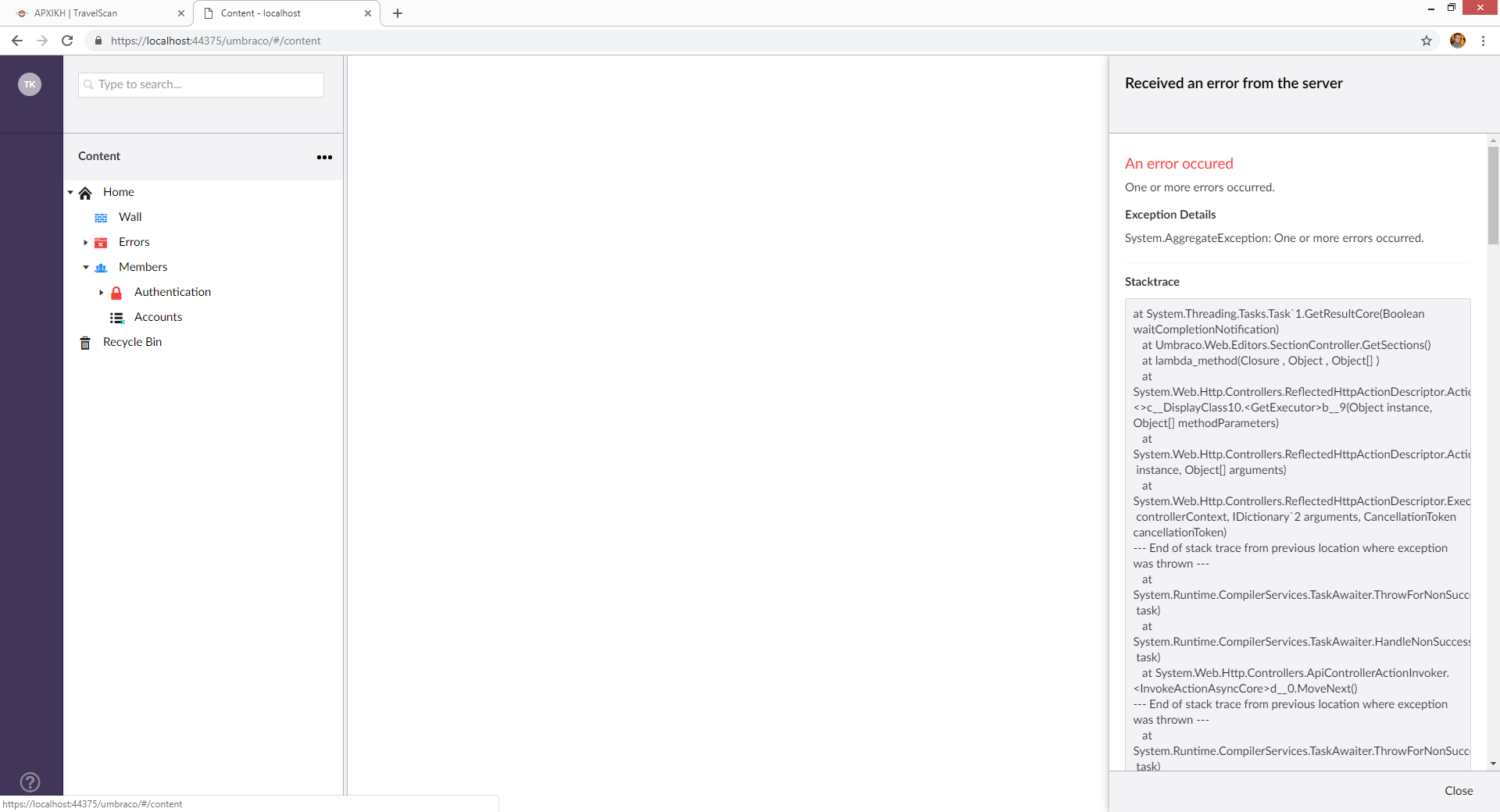 Error 2 when i click Content Menu (above HOME)
