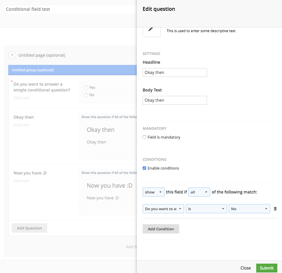 Conditional configuration for first conditional field