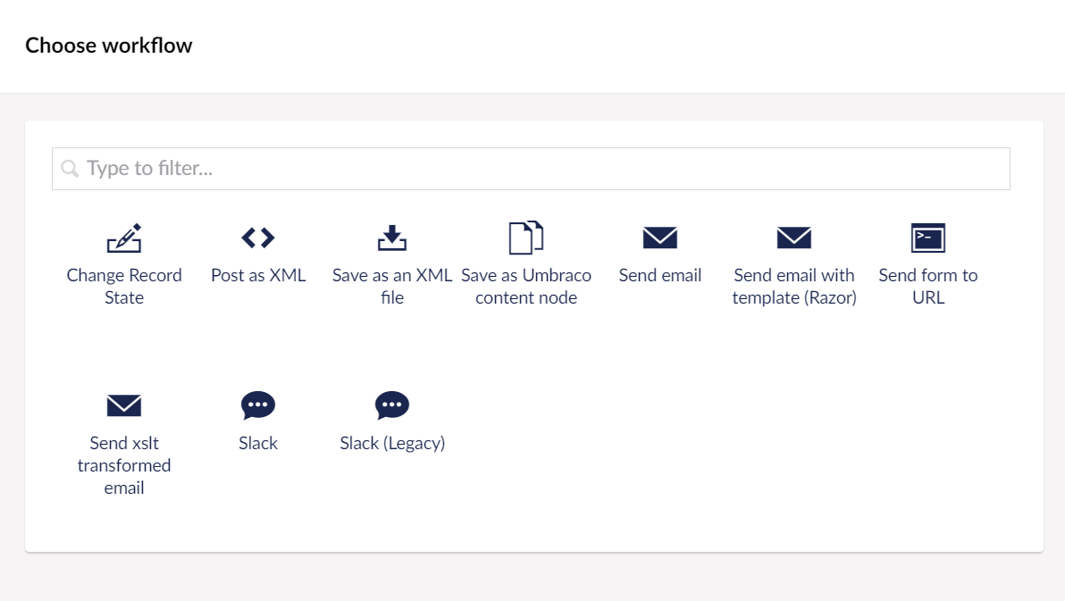 Umbraco Forms - Screenshot of Available Workflows