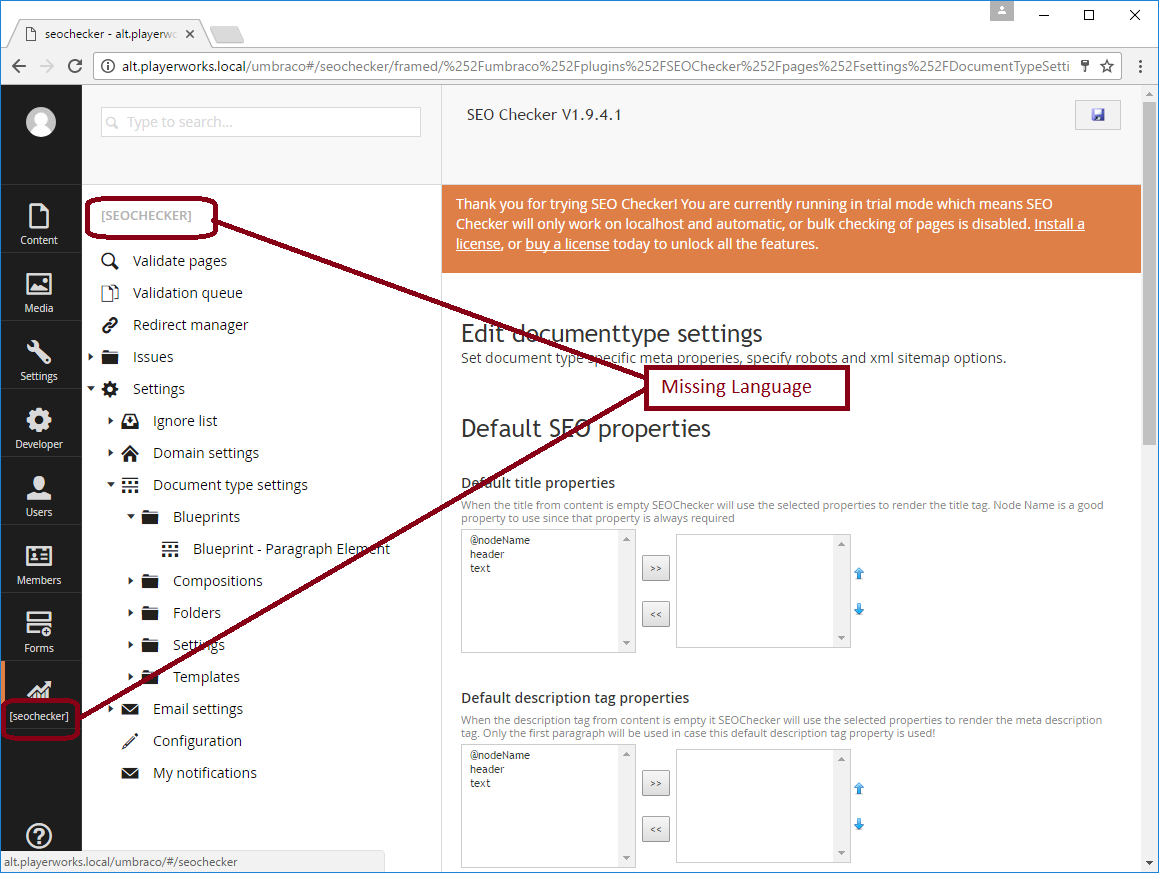 Screenshot of SEO Checker with Language keys missing