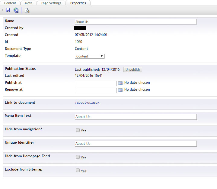 Screenshot of properties tab