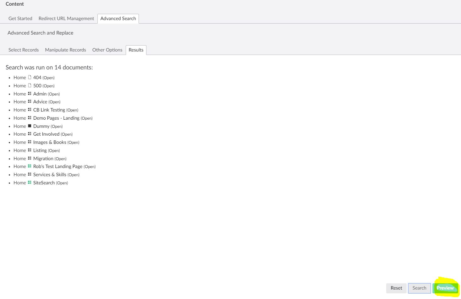 Screenshot of Advanced Search and Replace with preview button disabled