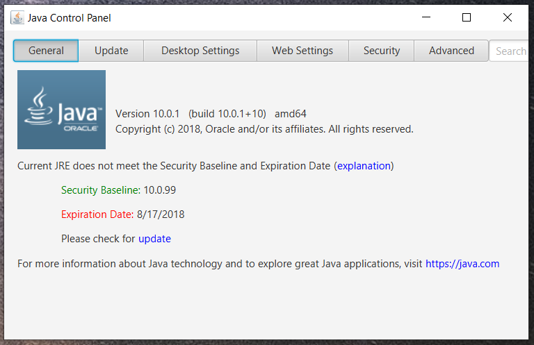 Java About Screen Showing Java 10