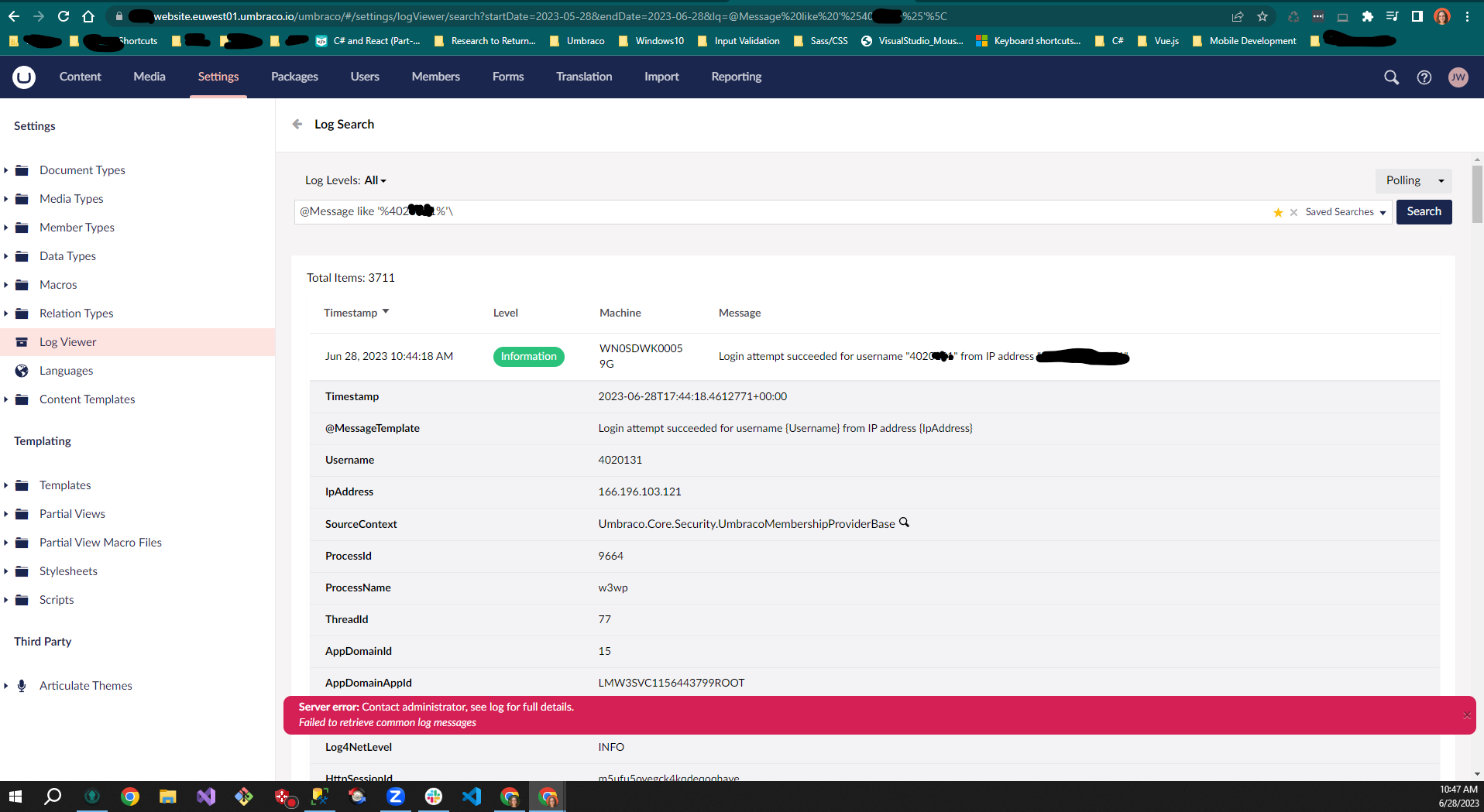 Screenshot of the error thrown when searching the Umbraco Cloud 8 Log Viewer