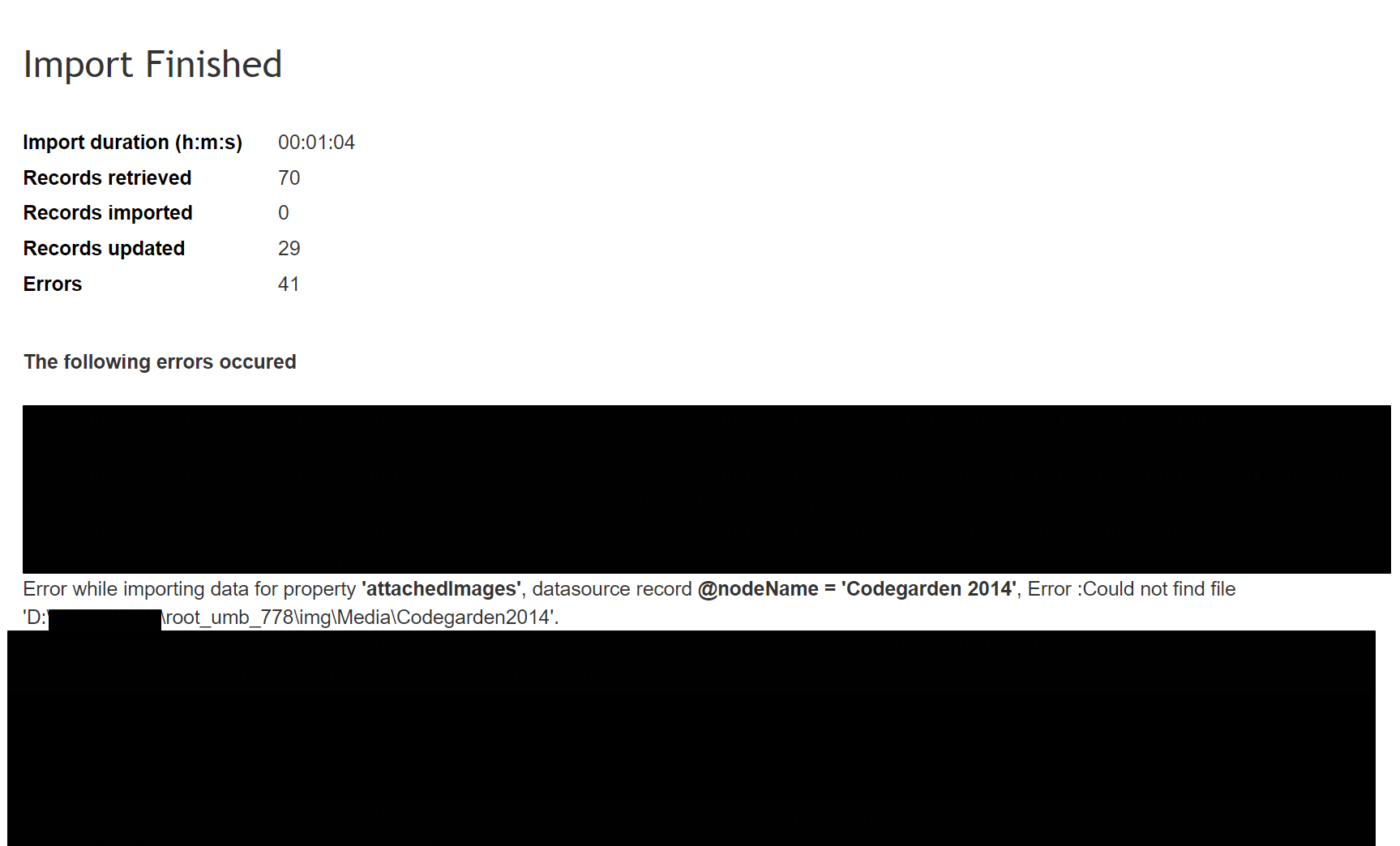 cmsImport error report