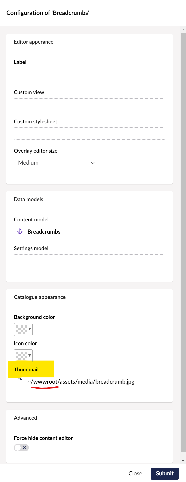 Screen capture of the configuration panel for a block.