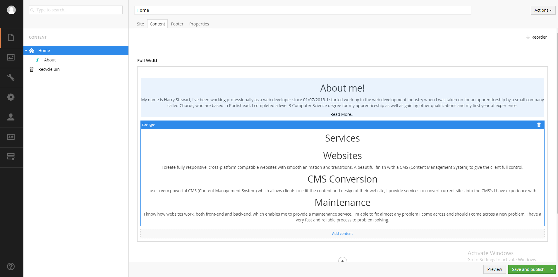 CMS Backend editor view with content