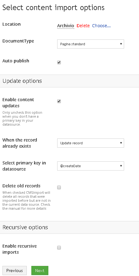 Select content import options