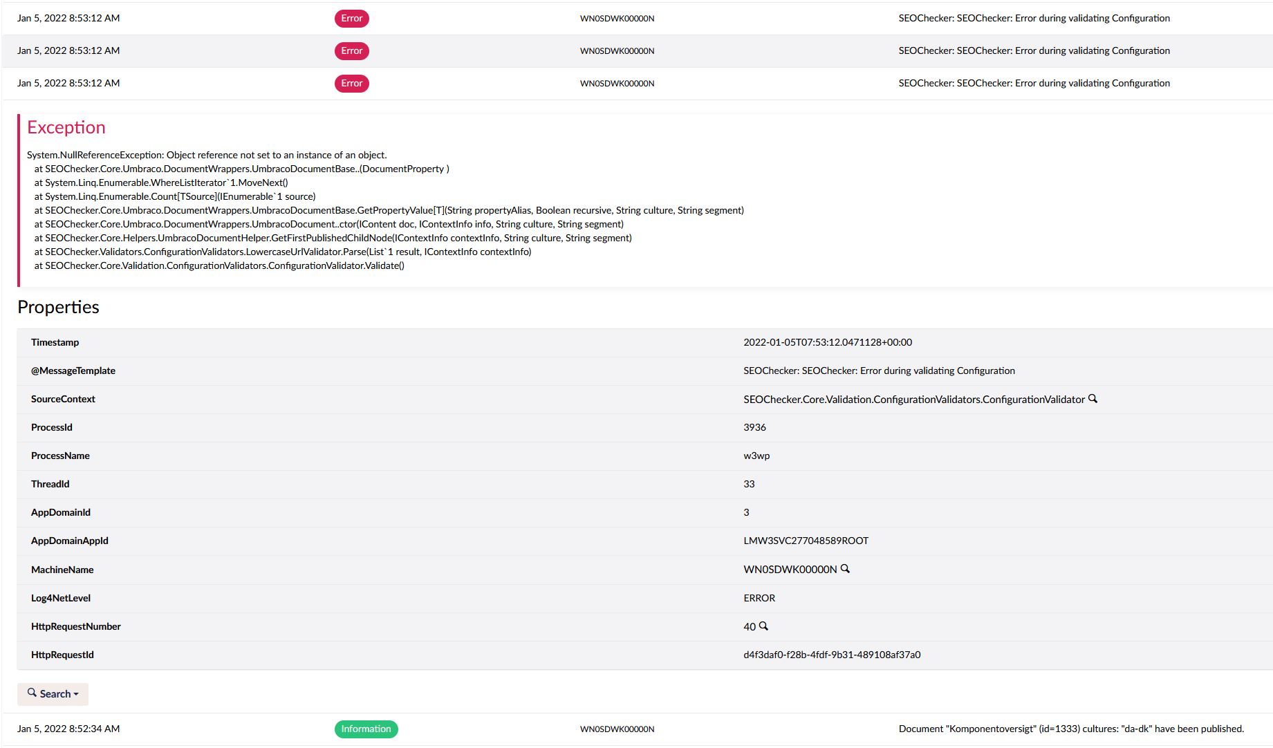 Errors in the log