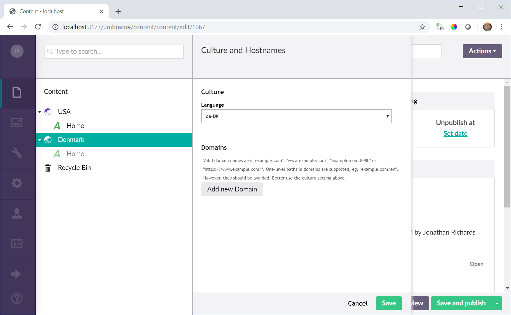 Screenshot showing Culture and Hostnames of Site node called Denmark