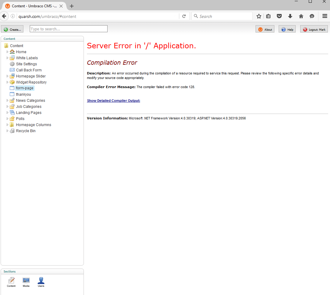 Screenshot of the error I'm getting in my Umbraco CMS, when I click on a page to edit.