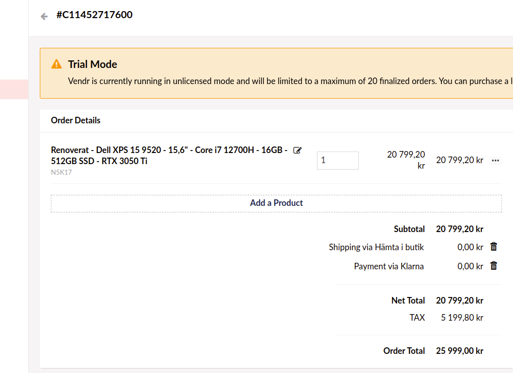 Screenshot showing the cart which would be an order