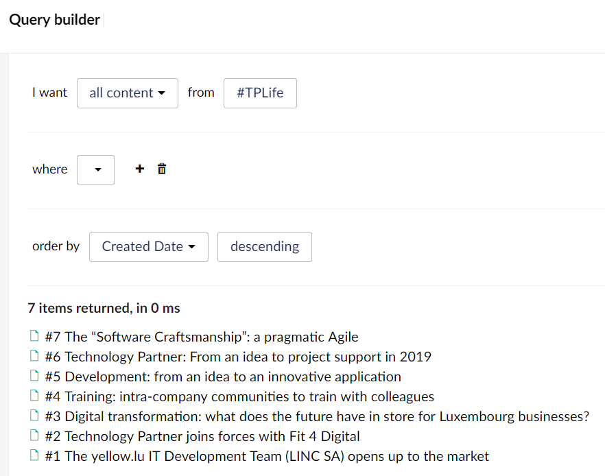 Showing that the QueryBuilder shows my articles in correct order thanks to their name starting with # and a number